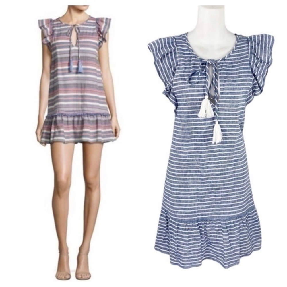 Parker blue white stripe knit tassel neck tie ruffle shift dress E15